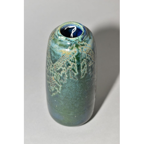 14 - A COBRIDGE STONEWARE COLLECTORS CLUB VASE OF TAPERING FORM, the mottled green/blue ground with incis... 