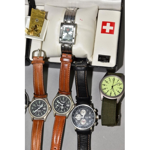 140 - A BOX OF ASSORTED GENTS QUARTZ WRISTWATCHES, etc, including two boxed watches by Montre Suisse