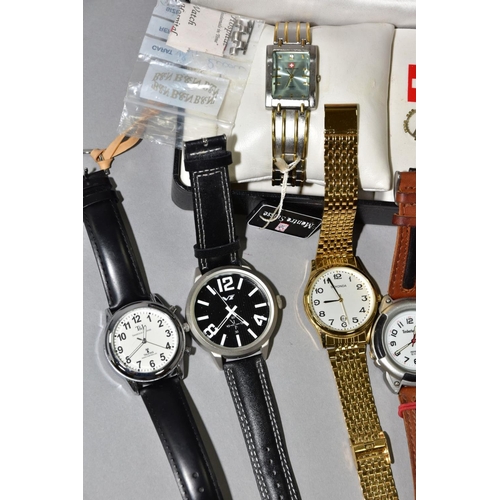 140 - A BOX OF ASSORTED GENTS QUARTZ WRISTWATCHES, etc, including two boxed watches by Montre Suisse