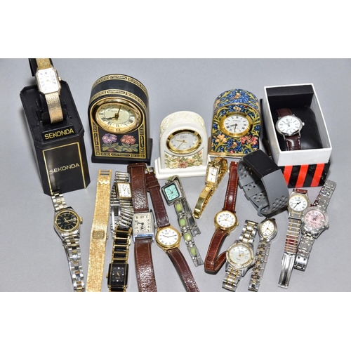 141 - A BOX OF MOSTLY LADIES QUARTZ WRISTWATCHES, etc, including a boxed Sekonda, a grey Fitbit, a gold pl... 