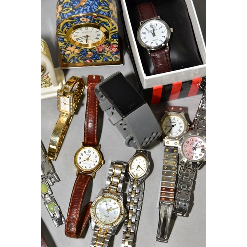 141 - A BOX OF MOSTLY LADIES QUARTZ WRISTWATCHES, etc, including a boxed Sekonda, a grey Fitbit, a gold pl... 