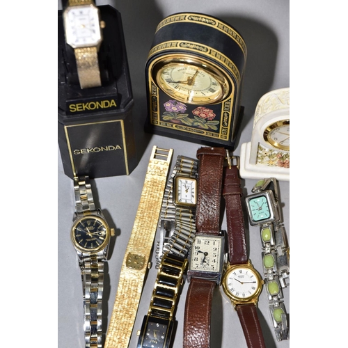 141 - A BOX OF MOSTLY LADIES QUARTZ WRISTWATCHES, etc, including a boxed Sekonda, a grey Fitbit, a gold pl... 