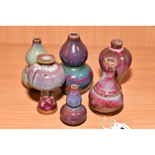 144 - SIX MINIATURE CHINESE STYLE VASES including meiping and double gourd shapes, mottled glazes, unmarke... 