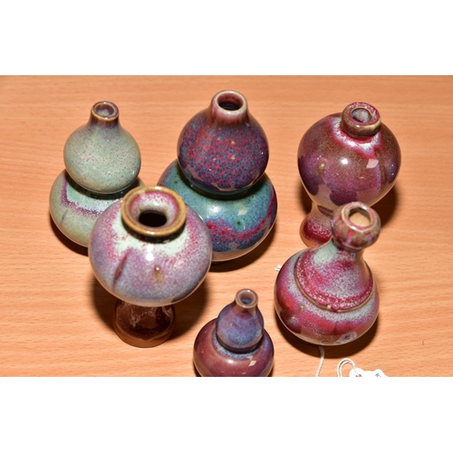 144 - SIX MINIATURE CHINESE STYLE VASES including meiping and double gourd shapes, mottled glazes, unmarke... 