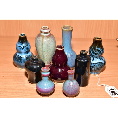 145 - NINE MINIATURE CHINESE STYLE VASES, shapes include Meiping, double gourd and baluster, mottled, stre... 