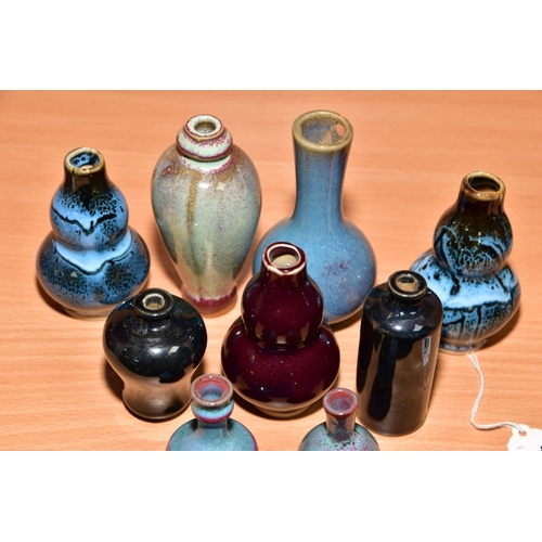 145 - NINE MINIATURE CHINESE STYLE VASES, shapes include Meiping, double gourd and baluster, mottled, stre... 