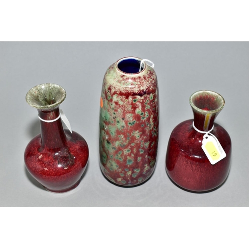 15 - THREE PIECES OF HIGH FIRED COBRIDGE STONEWARE, comprising a vase of tapering form, speckled and mott... 