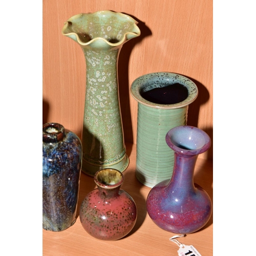 152 - STUDIO POTTERY VASES etc, comprising a tapering vase with navy rim and crystalline glaze, impressed ... 