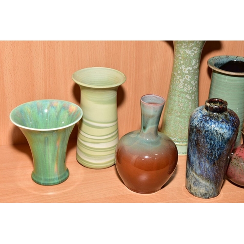 152 - STUDIO POTTERY VASES etc, comprising a tapering vase with navy rim and crystalline glaze, impressed ... 