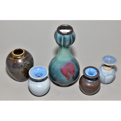 155 - FIVE STUDIO POTTERY VASES comprising a Chinese style garlic mouth vase, approximate height 17.5cm, a... 