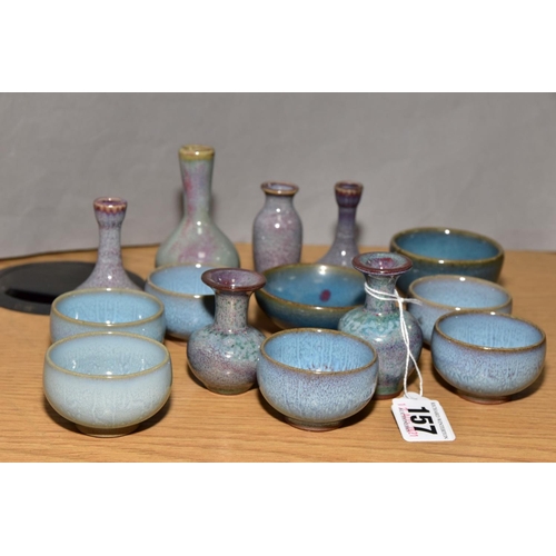 157 - FOURTEEN MINIATURE CHINESE STYLE CERAMICS, comprising four vases with mottled blue/pink glazes, tall... 