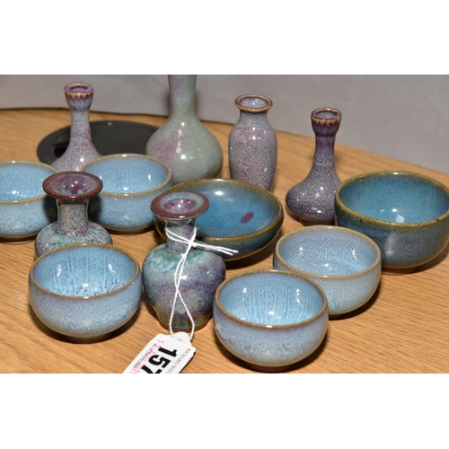 157 - FOURTEEN MINIATURE CHINESE STYLE CERAMICS, comprising four vases with mottled blue/pink glazes, tall... 