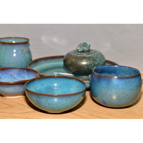 159 - EIGHT PIECES OF STUDIO POTTERY OF ORIENTAL STYLE, all with mottled blue/turquoise glazes, comprising... 