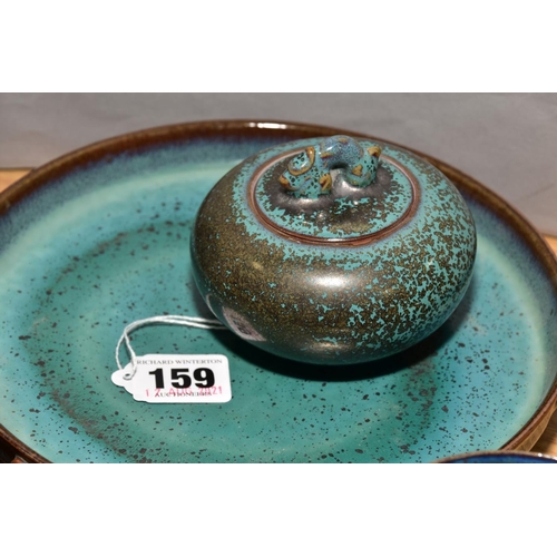 159 - EIGHT PIECES OF STUDIO POTTERY OF ORIENTAL STYLE, all with mottled blue/turquoise glazes, comprising... 