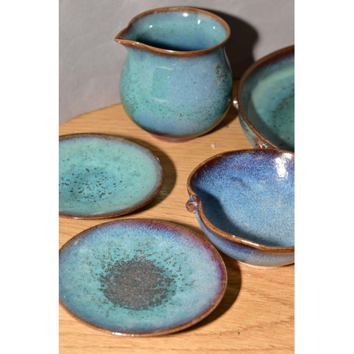 159 - EIGHT PIECES OF STUDIO POTTERY OF ORIENTAL STYLE, all with mottled blue/turquoise glazes, comprising... 