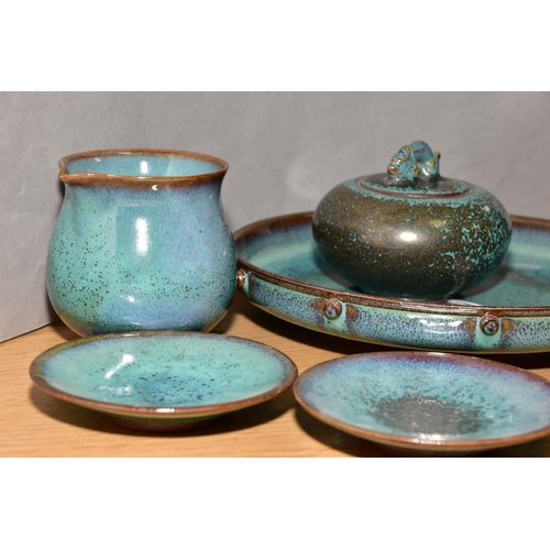 159 - EIGHT PIECES OF STUDIO POTTERY OF ORIENTAL STYLE, all with mottled blue/turquoise glazes, comprising... 