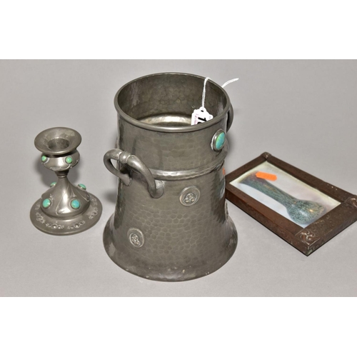 162 - AN ARTS AND CRAFTS PEWTER TWIN HANDLED WINE COOLER, of conical form, hand hammered finish, two circu... 