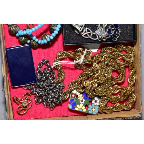 165 - A BOX OF JEWELLERY, to include a gem set pendant necklace, the pendant of an openwork design set wit... 