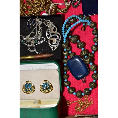 165 - A BOX OF JEWELLERY, to include a gem set pendant necklace, the pendant of an openwork design set wit... 