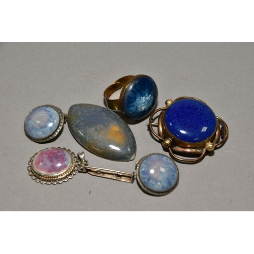 167 - A BOX OF RUSKIN AND RUSKIN STYLE ENAMELS, comprising a ring, a pair of earrings, pendant, a brooch, ... 