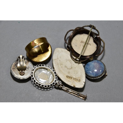 167 - A BOX OF RUSKIN AND RUSKIN STYLE ENAMELS, comprising a ring, a pair of earrings, pendant, a brooch, ... 