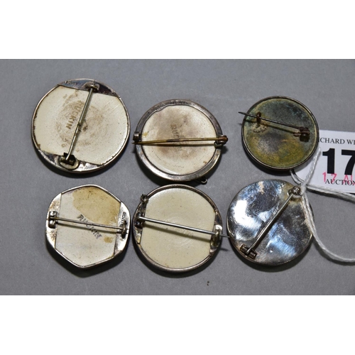 173 - FOUR RUSKIN BROOCHES SET INTO WHITE METAL MOUNTS, one hallmarked but makers mark indistinct, togethe... 