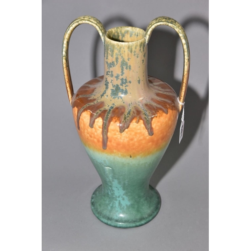 189 - RUSKIN POTTERY, a number 9 shape twin handled vase, crystalline matt and gloss glazes, signed W. How... 