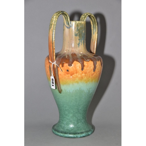 189 - RUSKIN POTTERY, a number 9 shape twin handled vase, crystalline matt and gloss glazes, signed W. How... 