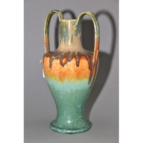 189 - RUSKIN POTTERY, a number 9 shape twin handled vase, crystalline matt and gloss glazes, signed W. How... 