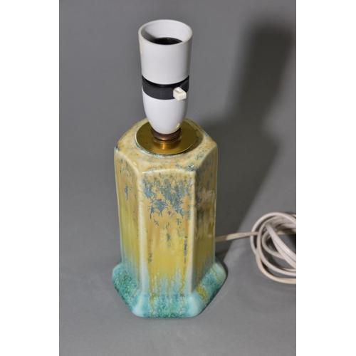 191 - RUSKIN POTTERY, a hexagonal vase converted to a lamp base, yellow and green crystalline glazes, impr... 