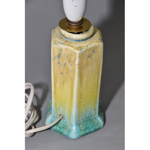 191 - RUSKIN POTTERY, a hexagonal vase converted to a lamp base, yellow and green crystalline glazes, impr... 