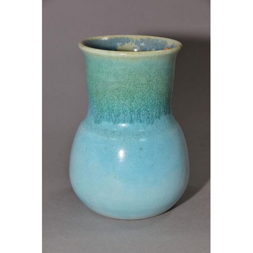 200 - RUSKIN POTTERY, a turquoise globe and shaft vase, blue crystalline glaze to the interior, impressed ... 