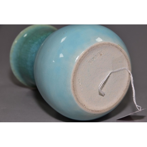 200 - RUSKIN POTTERY, a turquoise globe and shaft vase, blue crystalline glaze to the interior, impressed ... 