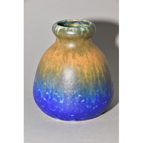 202 - RUSKIN POTTERY, a rounded conical vase, banded with green, orange and blue glazes, impressed Ruskin ... 