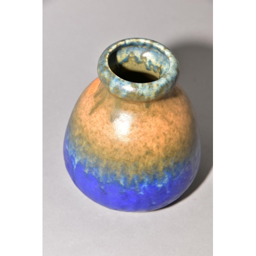 202 - RUSKIN POTTERY, a rounded conical vase, banded with green, orange and blue glazes, impressed Ruskin ... 