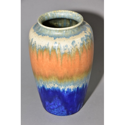 203 - RUSKIN POTTERY, a 261 shape vase of high shouldered form, having green, orange and blue crystalline ... 