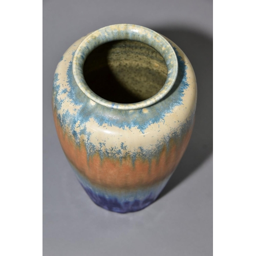 203 - RUSKIN POTTERY, a 261 shape vase of high shouldered form, having green, orange and blue crystalline ... 