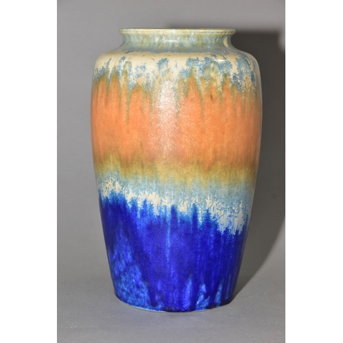 203 - RUSKIN POTTERY, a 261 shape vase of high shouldered form, having green, orange and blue crystalline ... 