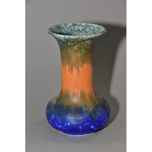 209 - RUSKIN POTTERY, an onion shaped vase covered in bands of green, orange and blue glaze, impressed Rus... 