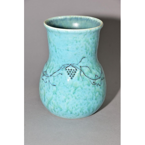 214 - RUSKIN POTTERY, a turquoise and green crystalline glaze vase of globe and shaft form with an undergl... 