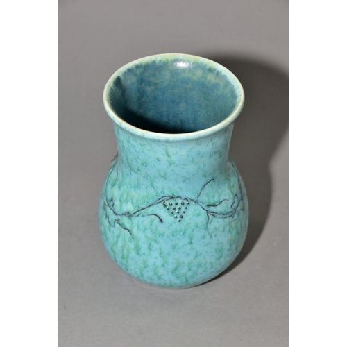 214 - RUSKIN POTTERY, a turquoise and green crystalline glaze vase of globe and shaft form with an undergl... 