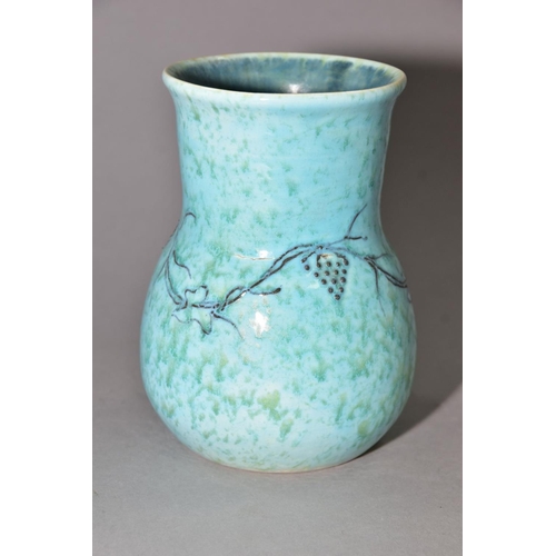 214 - RUSKIN POTTERY, a turquoise and green crystalline glaze vase of globe and shaft form with an undergl... 