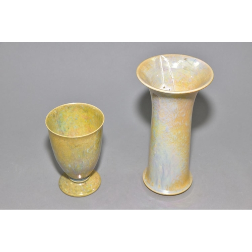 215 - RUSKIN POTTERY, a mottled yellow lustre vase of cylindrical form with flared rim, impressed Ruskin E... 