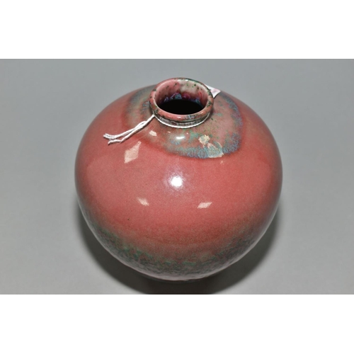 22 - A COBRIDGE STONEWARE HIGH FIRED OVOID VASE, mottled green/blue glaze over a purple/red ground, impre... 