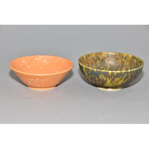 221 - RUSKIN POTTERY, two footed bowls of mottled glazes, the first is orange and is impressed Ruskin Engl... 