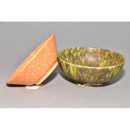 221 - RUSKIN POTTERY, two footed bowls of mottled glazes, the first is orange and is impressed Ruskin Engl... 