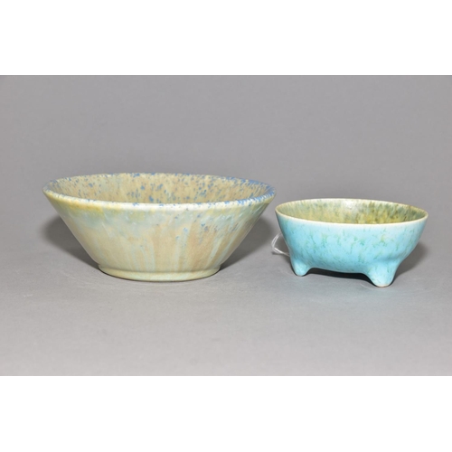 223 - RUSKIN POTTERY two crystalline glaze bowls, the first has a pale blue crackle glaze to the inside bo... 