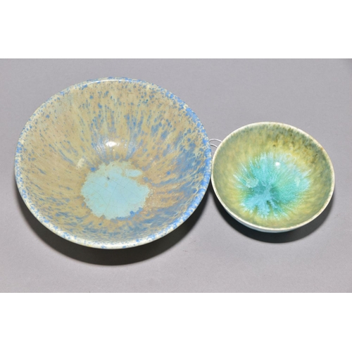 223 - RUSKIN POTTERY two crystalline glaze bowls, the first has a pale blue crackle glaze to the inside bo... 