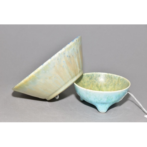 223 - RUSKIN POTTERY two crystalline glaze bowls, the first has a pale blue crackle glaze to the inside bo... 