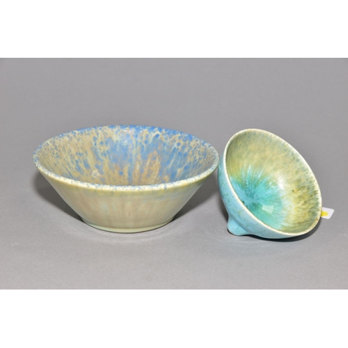 223 - RUSKIN POTTERY two crystalline glaze bowls, the first has a pale blue crackle glaze to the inside bo... 